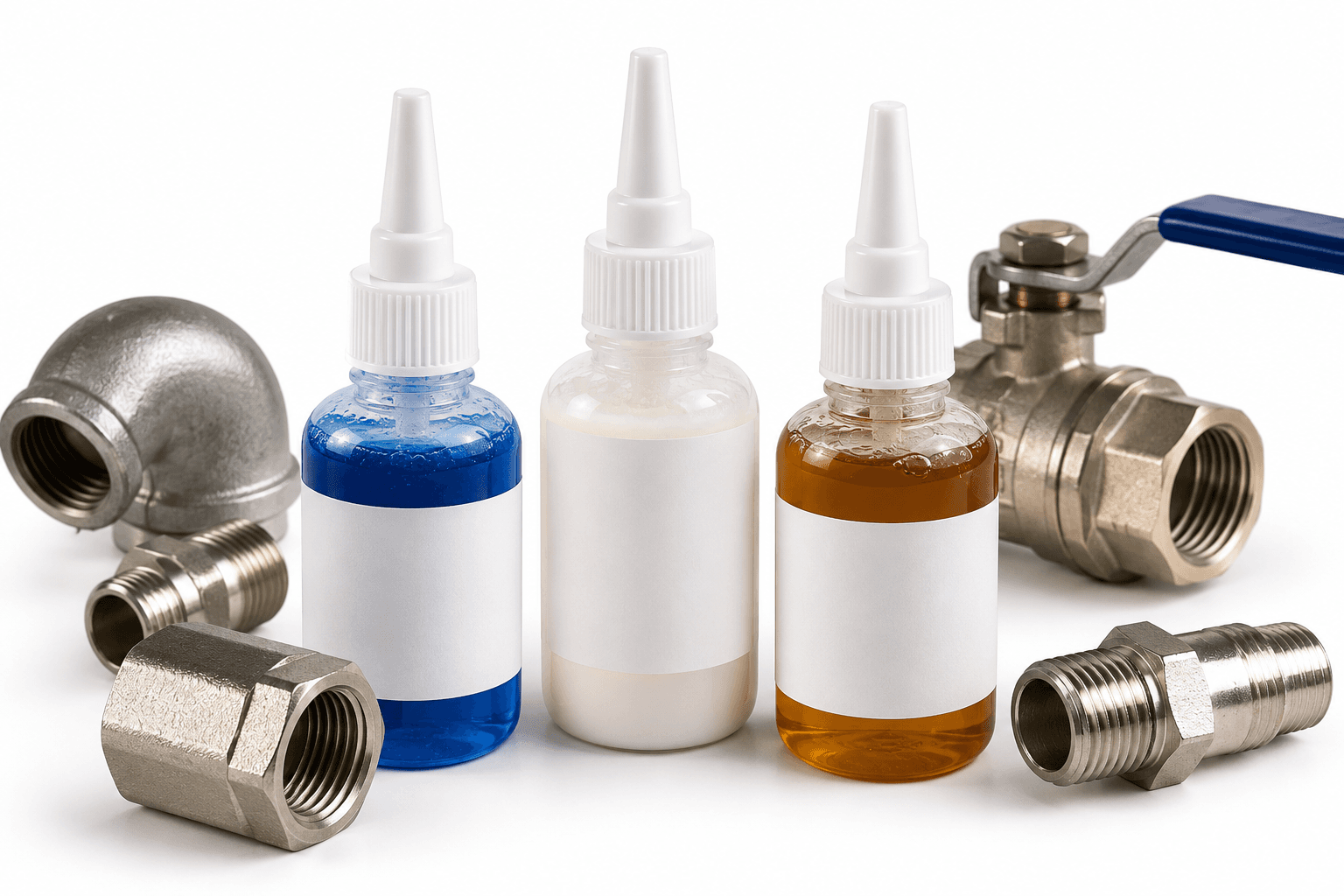 Botellas de selladores anaeróbicos SELON junto a accesorios de tubería y válvula industrial