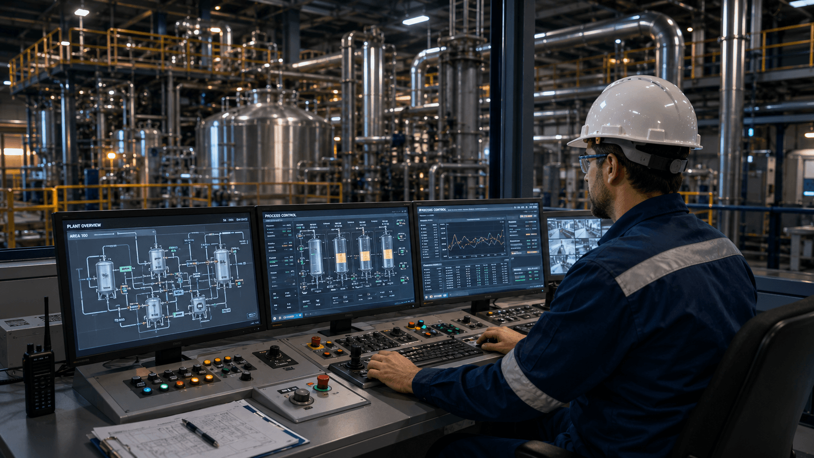 Operador en sala de control industrial con monitores de proceso