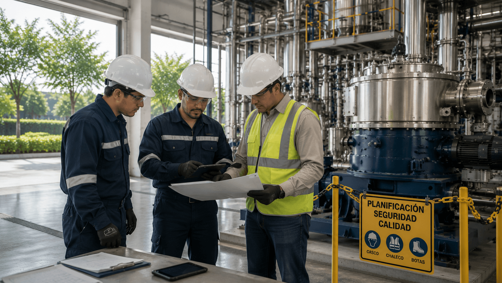 Equipo técnico revisando documentación frente a centrífuga industrial