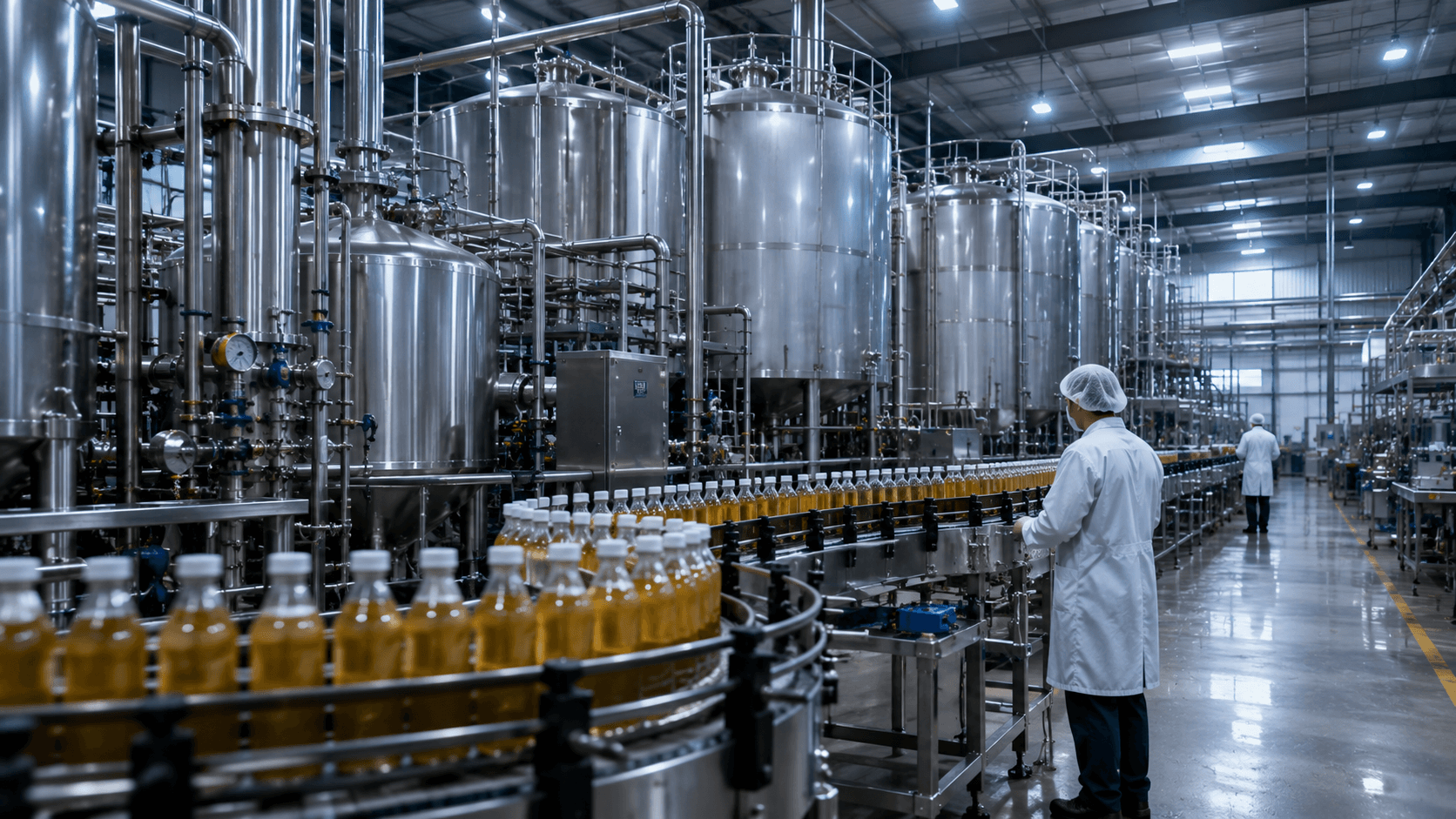 Línea de embotellado industrial con operarios en planta de alimentos y bebidas