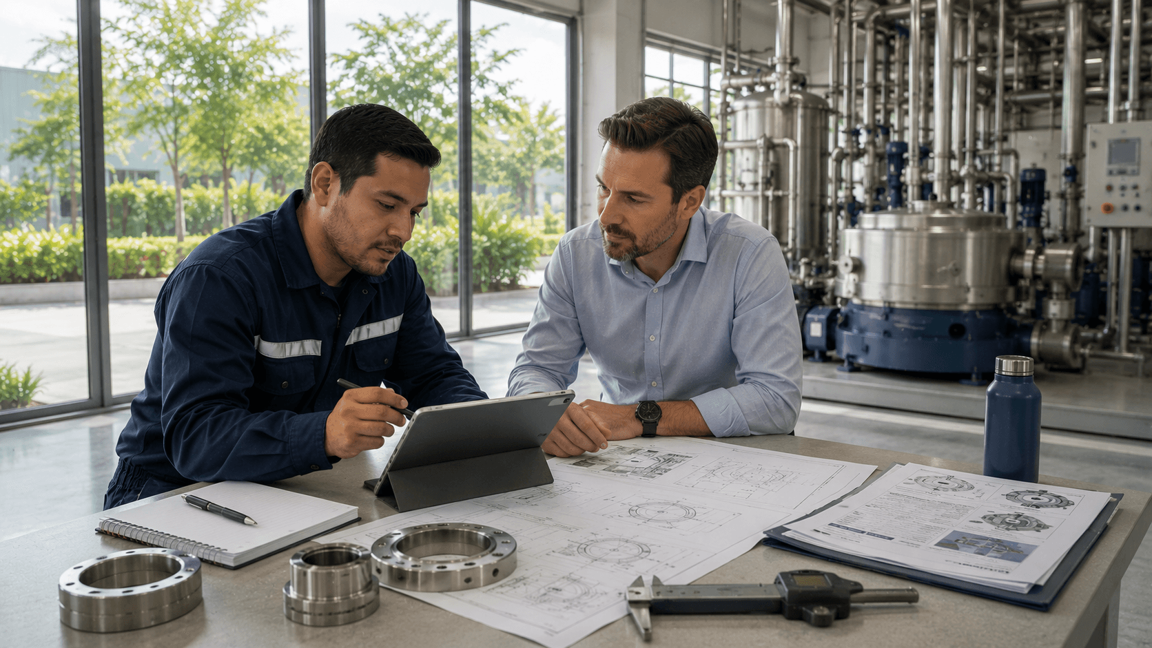 Equipo de ingeniería revisando planos técnicos y piezas mecánicas