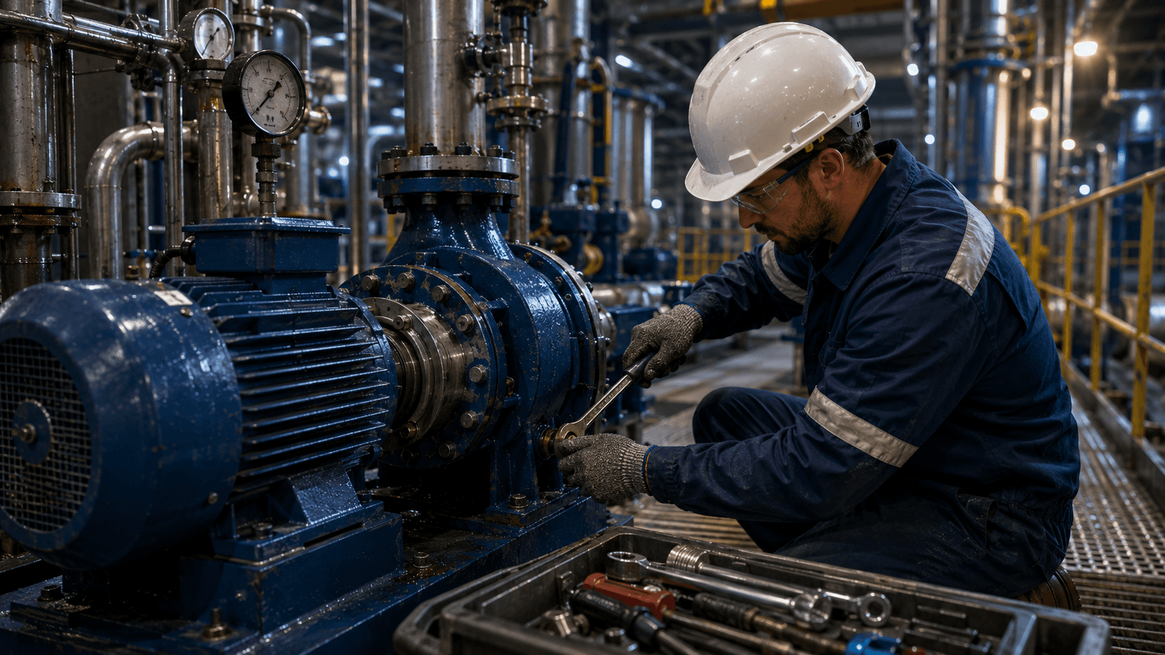 Técnico ajustando bomba industrial durante servicio de mantenimiento