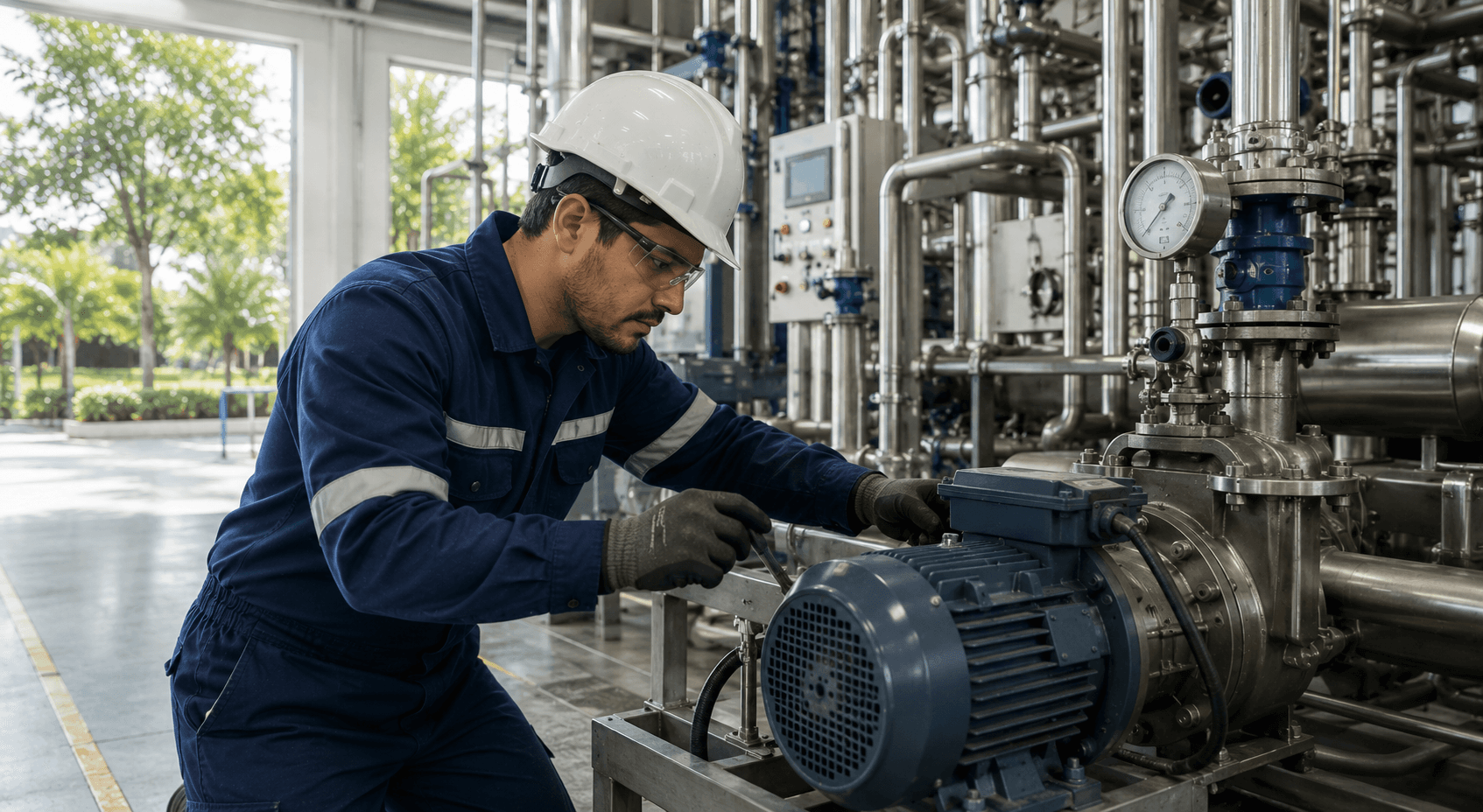 Técnico ajustando motor industrial