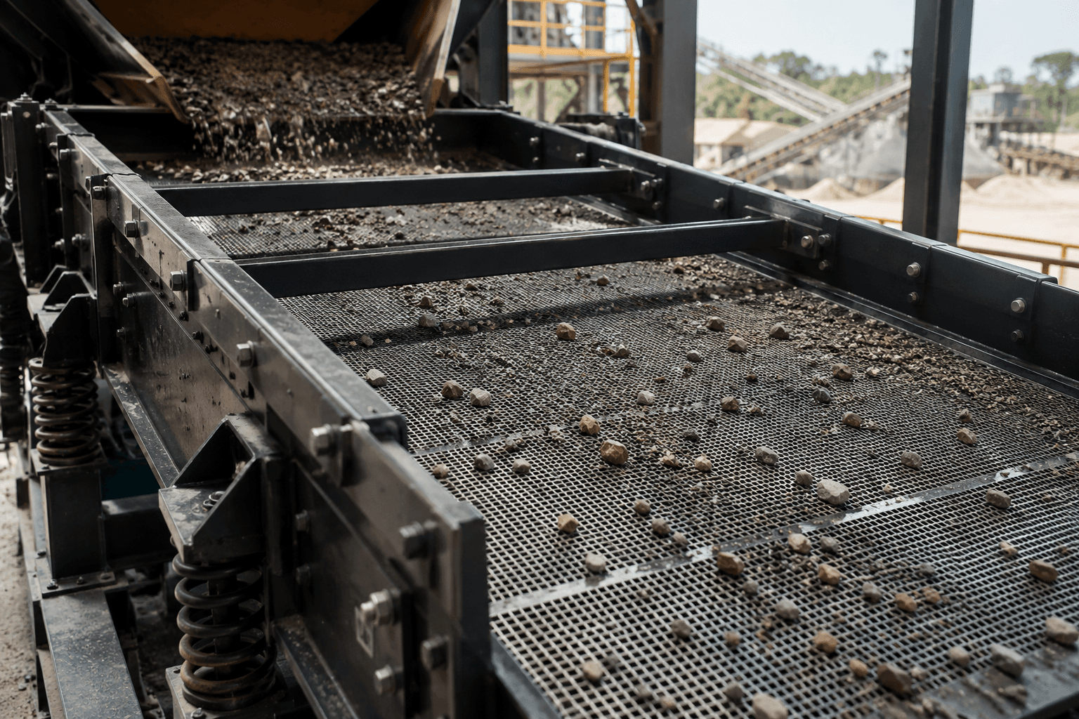 Criba vibratoria clasificando material granular en operación industrial